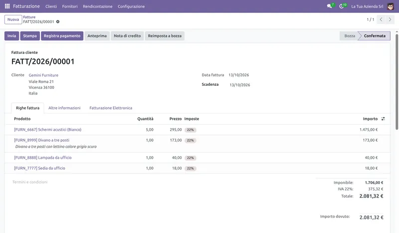 Fattura cliente registrata in Odoo 18 con la scheda Fatturazione Elettronica