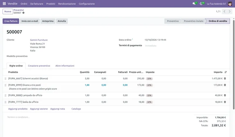 Ordine di vendita in Odoo 18 con righe, IVA al 22% e totali