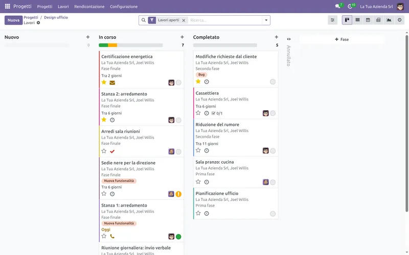 Progetti in Odoo 18: attività del progetto per fase, con scadenze e responsabili